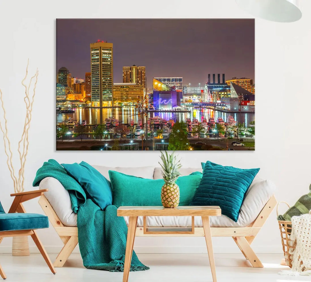 Baltimore Downtown Inner Harbor Night Lights Cityscape Wall Art Canvas Print