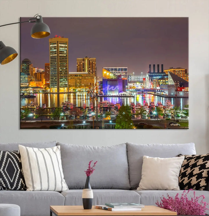 Baltimore Downtown Inner Harbor Night Lights Cityscape Wall Art Canvas Print