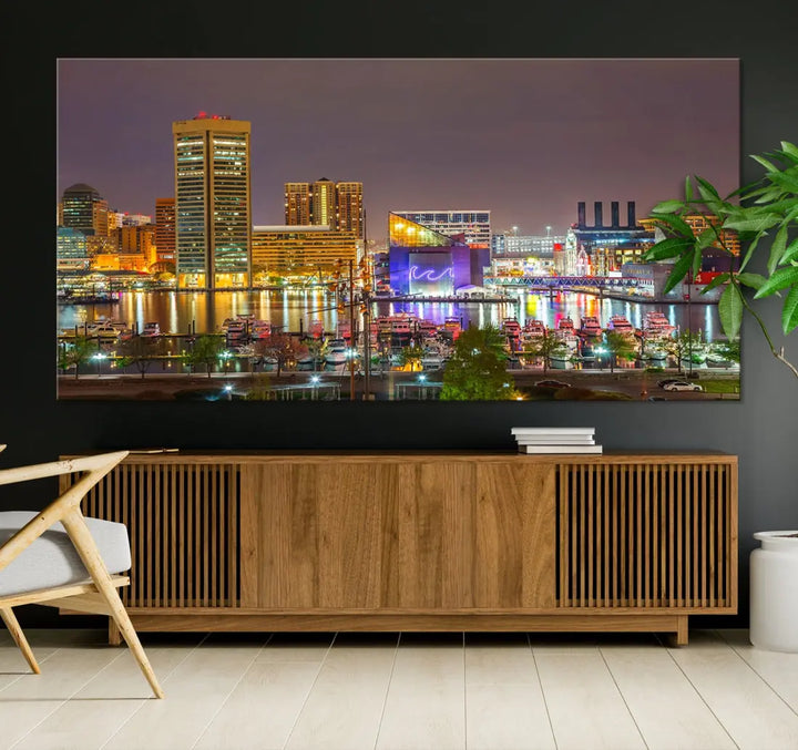 Baltimore Downtown Inner Harbor Night Lights Cityscape Wall Art Canvas Print