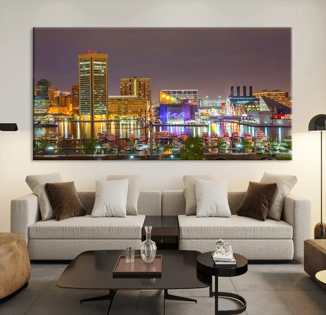 Baltimore Downtown Inner Harbor Night Lights Cityscape Wall Art Canvas Print