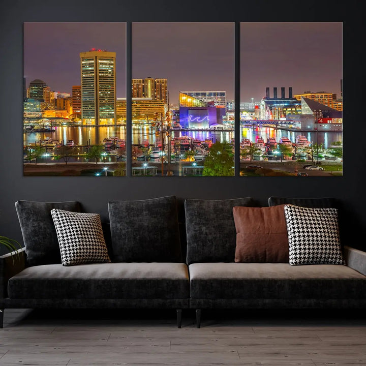 Baltimore Downtown Inner Harbor Night Lights Cityscape Wall Art Canvas Print