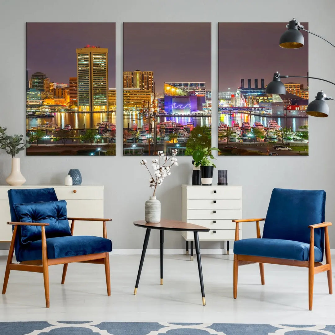 Baltimore Downtown Inner Harbor Night Lights Cityscape Wall Art Canvas Print