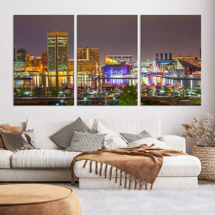 Baltimore Downtown Inner Harbor Night Lights Cityscape Wall Art Canvas Print