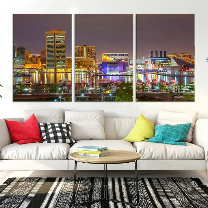 Baltimore Downtown Inner Harbor Night Lights Cityscape Wall Art Canvas Print