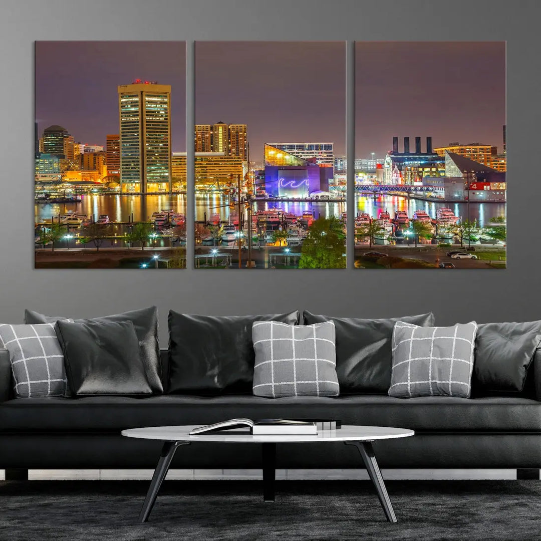 Baltimore Downtown Inner Harbor Night Lights Cityscape Wall Art Canvas Print