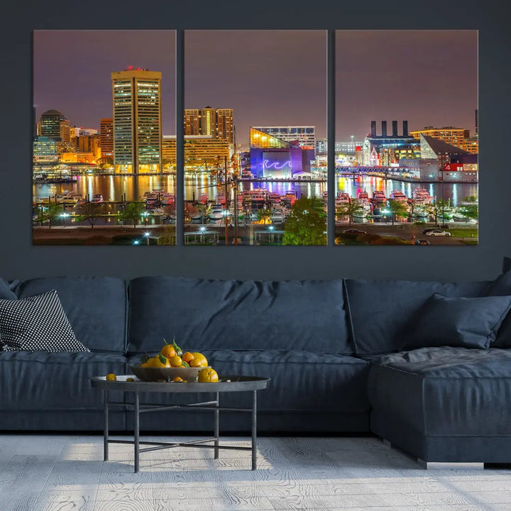 Baltimore Downtown Inner Harbor Night Lights Cityscape Wall Art Canvas Print