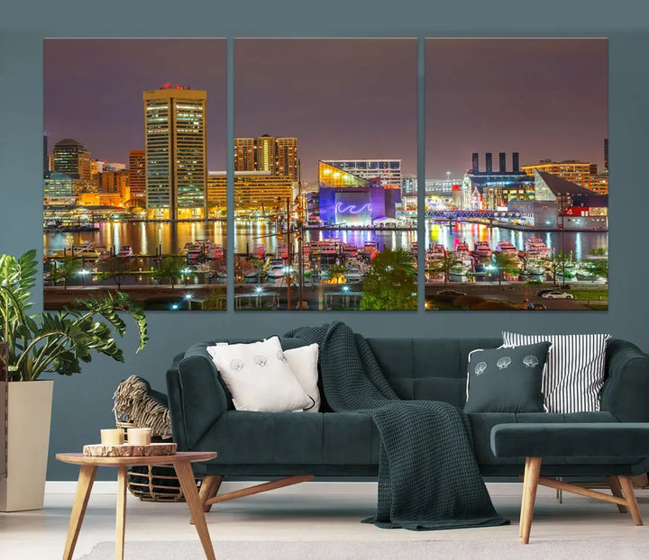 Baltimore Downtown Inner Harbor Night Lights Cityscape Wall Art Canvas Print