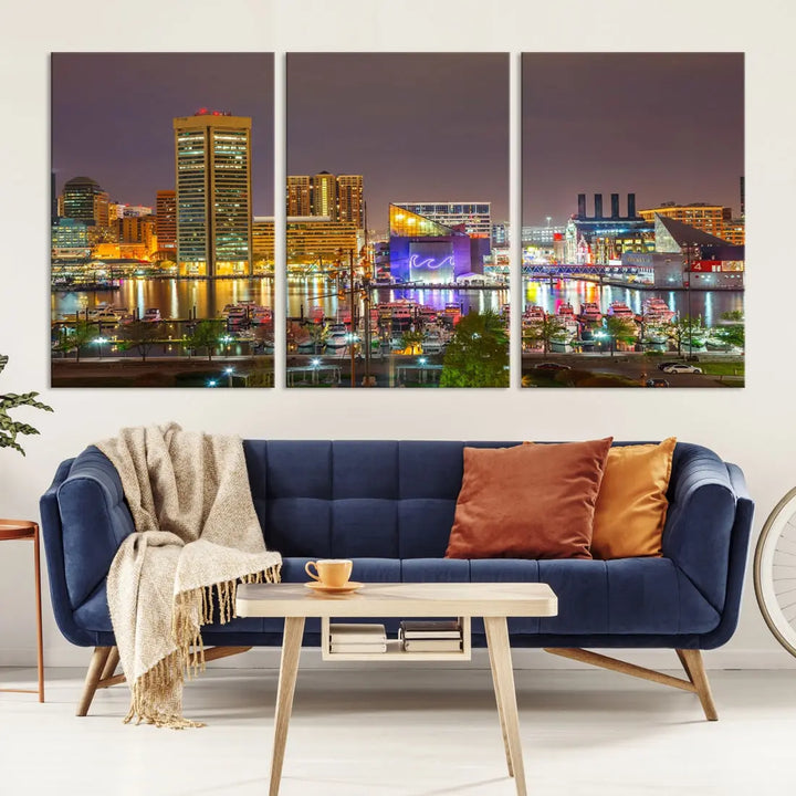 Baltimore Downtown Inner Harbor Night Lights Cityscape Wall Art Canvas Print