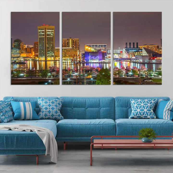 Baltimore Downtown Inner Harbor Night Lights Cityscape Wall Art Canvas Print