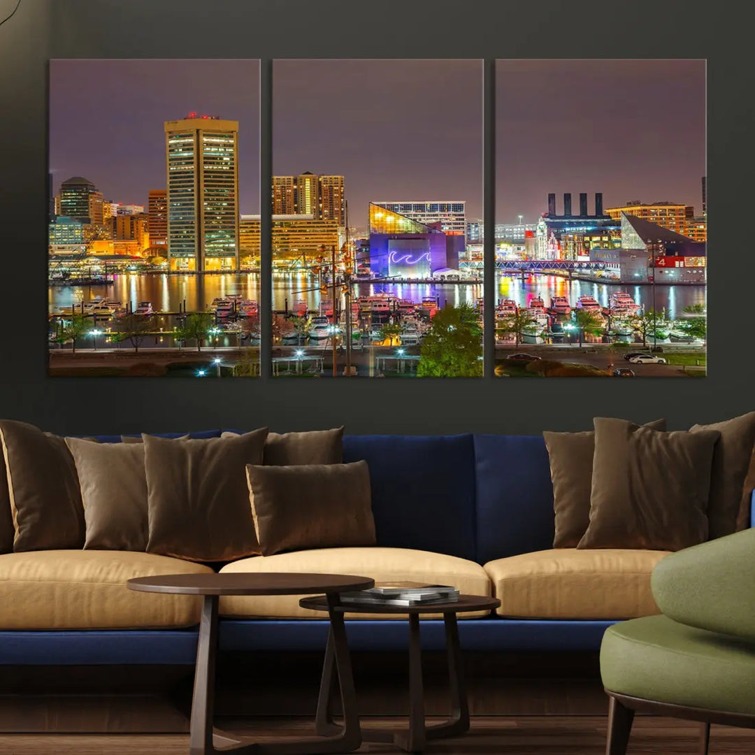 Baltimore Downtown Inner Harbor Night Lights Cityscape Wall Art Canvas Print