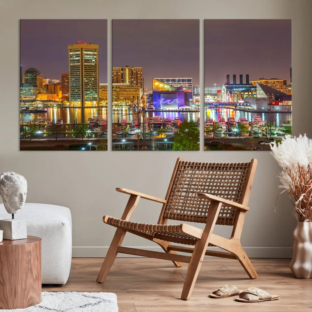 Baltimore Downtown Inner Harbor Night Lights Cityscape Wall Art Canvas Print