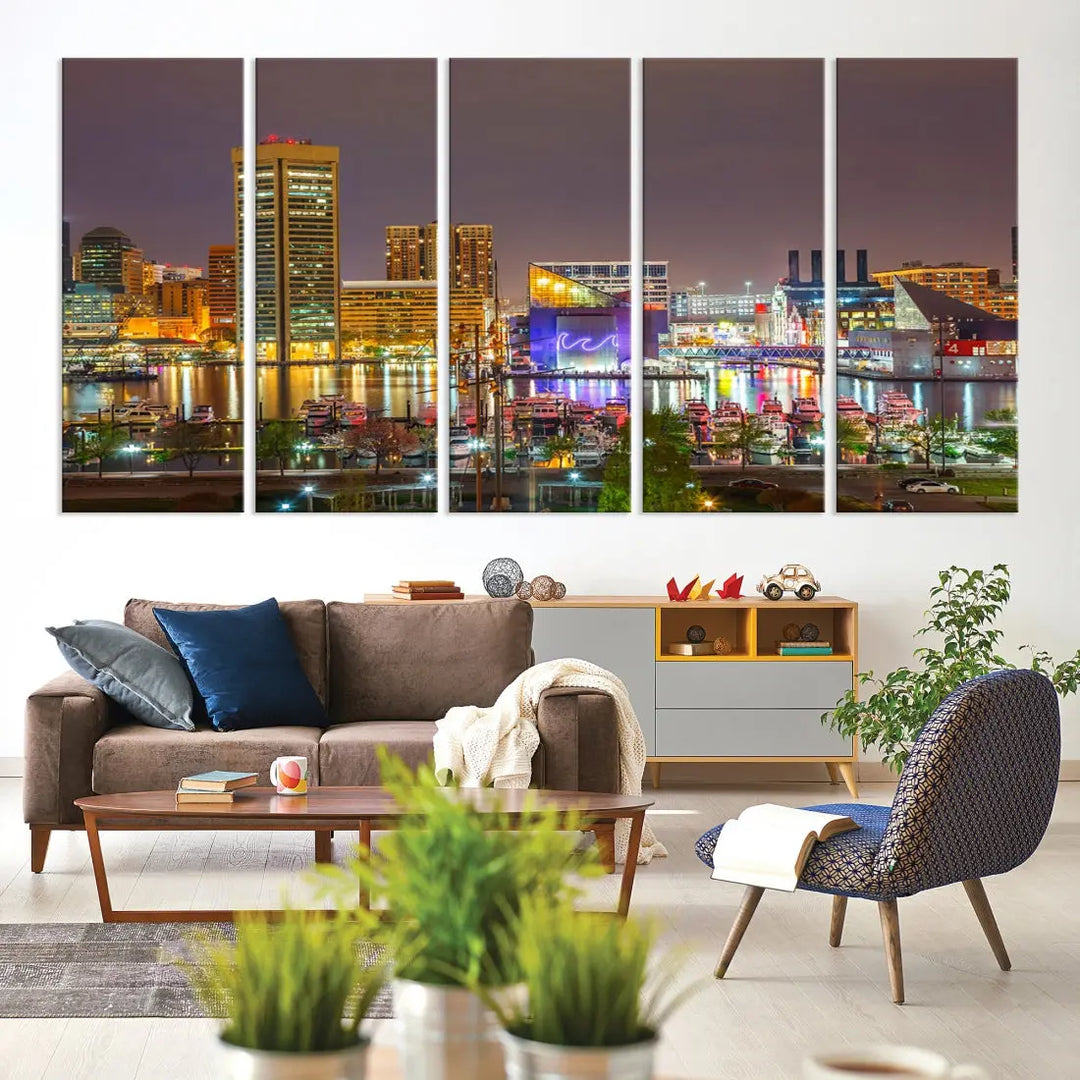 Baltimore Downtown Inner Harbor Night Lights Cityscape Wall Art Canvas Print