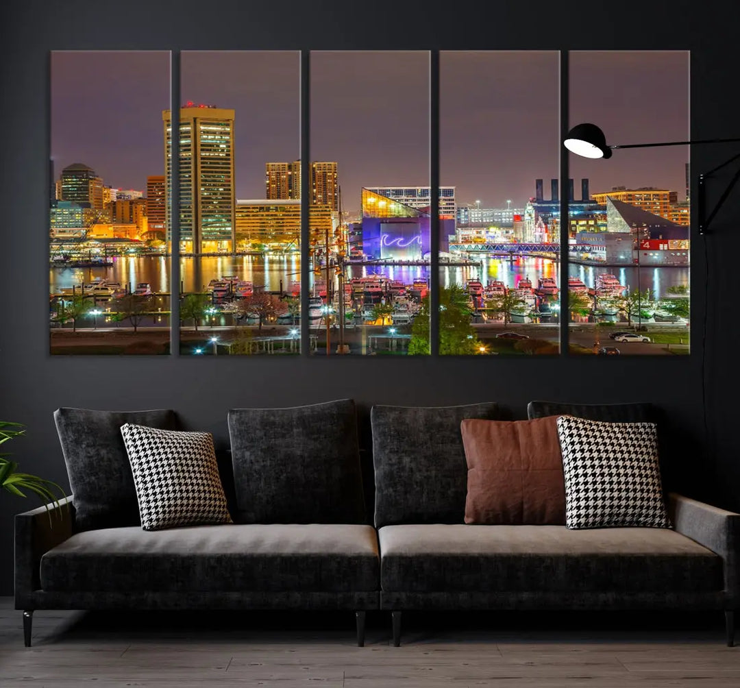 Baltimore Downtown Inner Harbor Night Lights Cityscape Wall Art Canvas Print