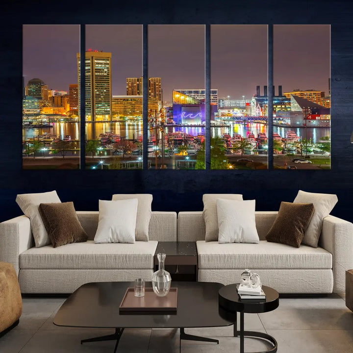 Baltimore Downtown Inner Harbor Night Lights Cityscape Wall Art Canvas Print