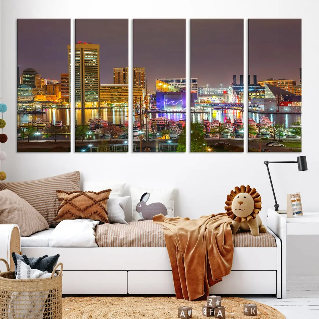 Baltimore Downtown Inner Harbor Night Lights Cityscape Wall Art Canvas Print