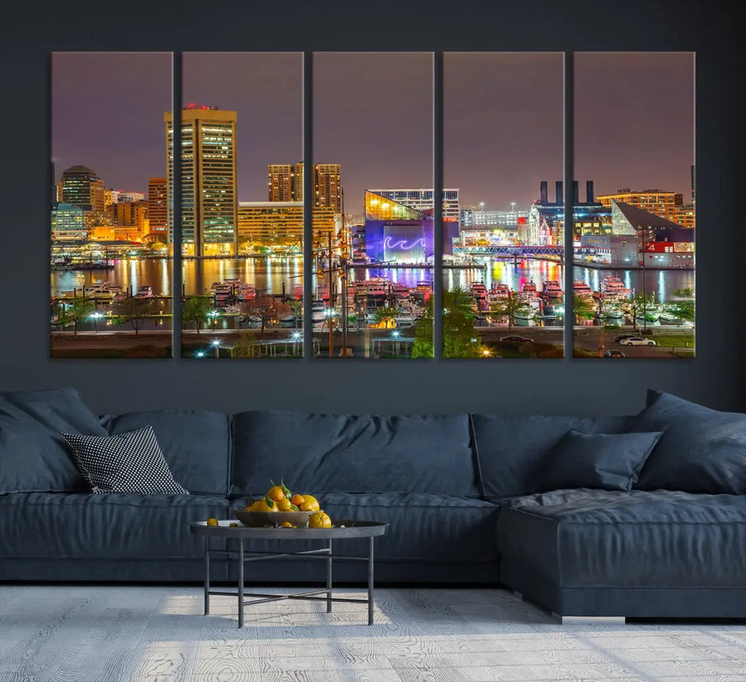 Baltimore Downtown Inner Harbor Night Lights Cityscape Wall Art Canvas Print