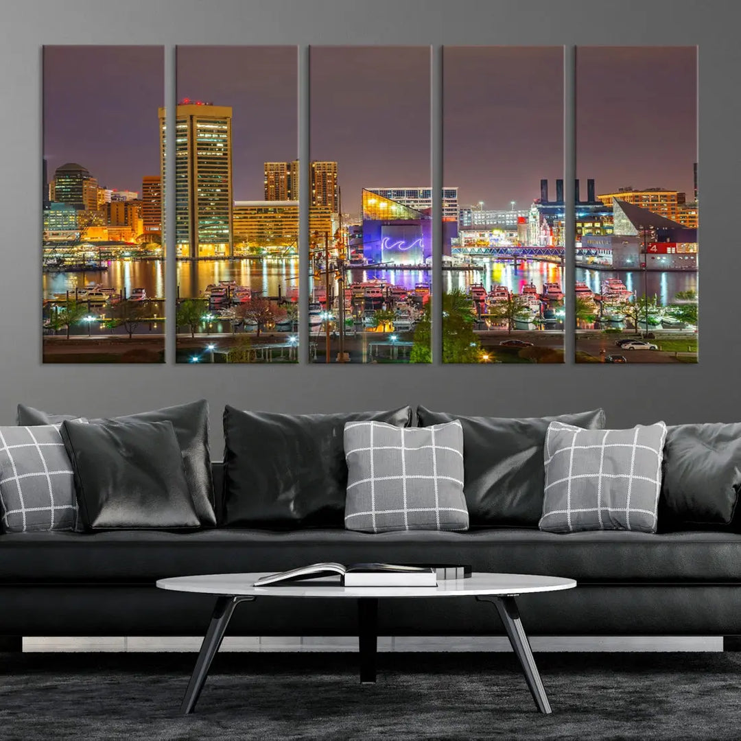 Baltimore Downtown Inner Harbor Night Lights Cityscape Wall Art Canvas Print