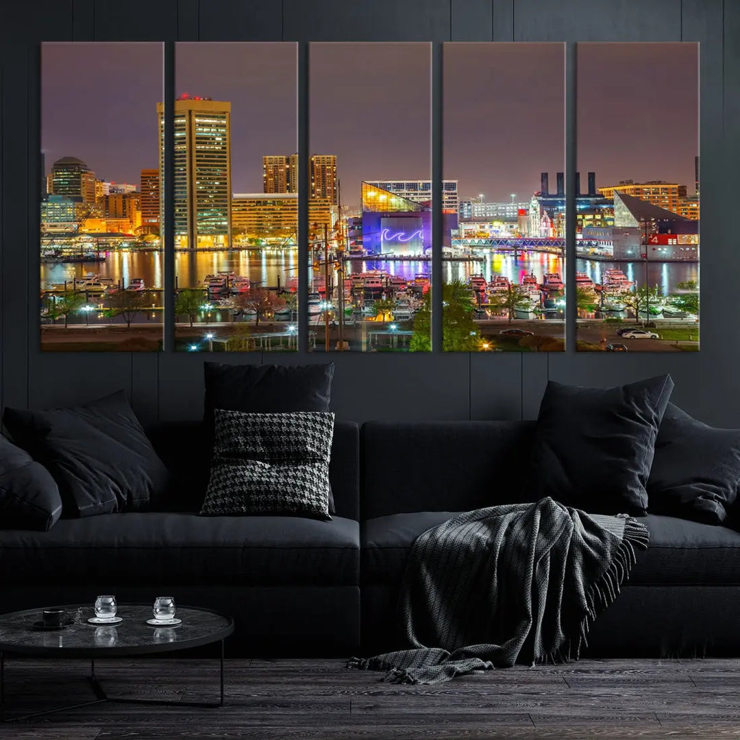 Baltimore Downtown Inner Harbor Night Lights Cityscape Wall Art Canvas Print