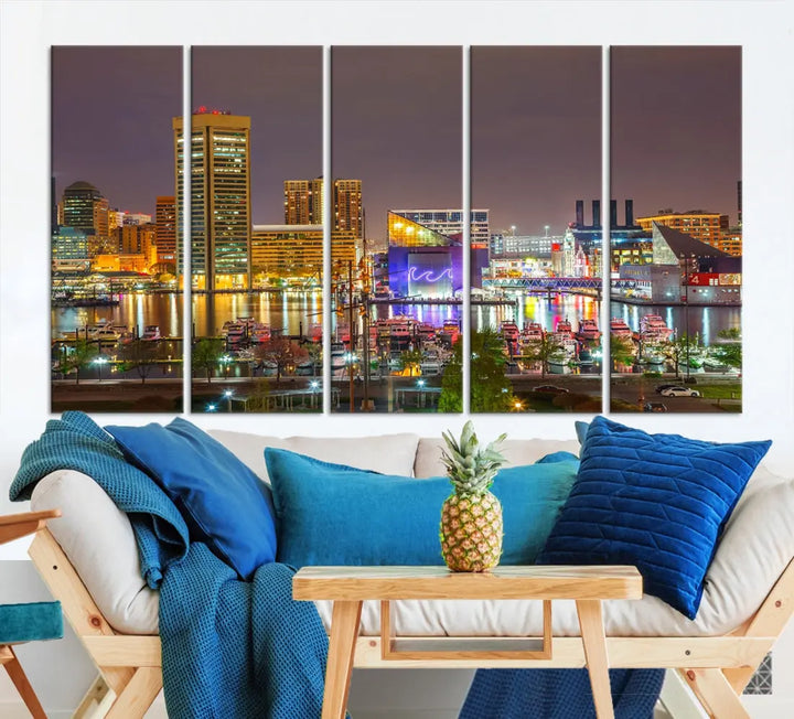 Baltimore Downtown Inner Harbor Night Lights Cityscape Wall Art Canvas Print