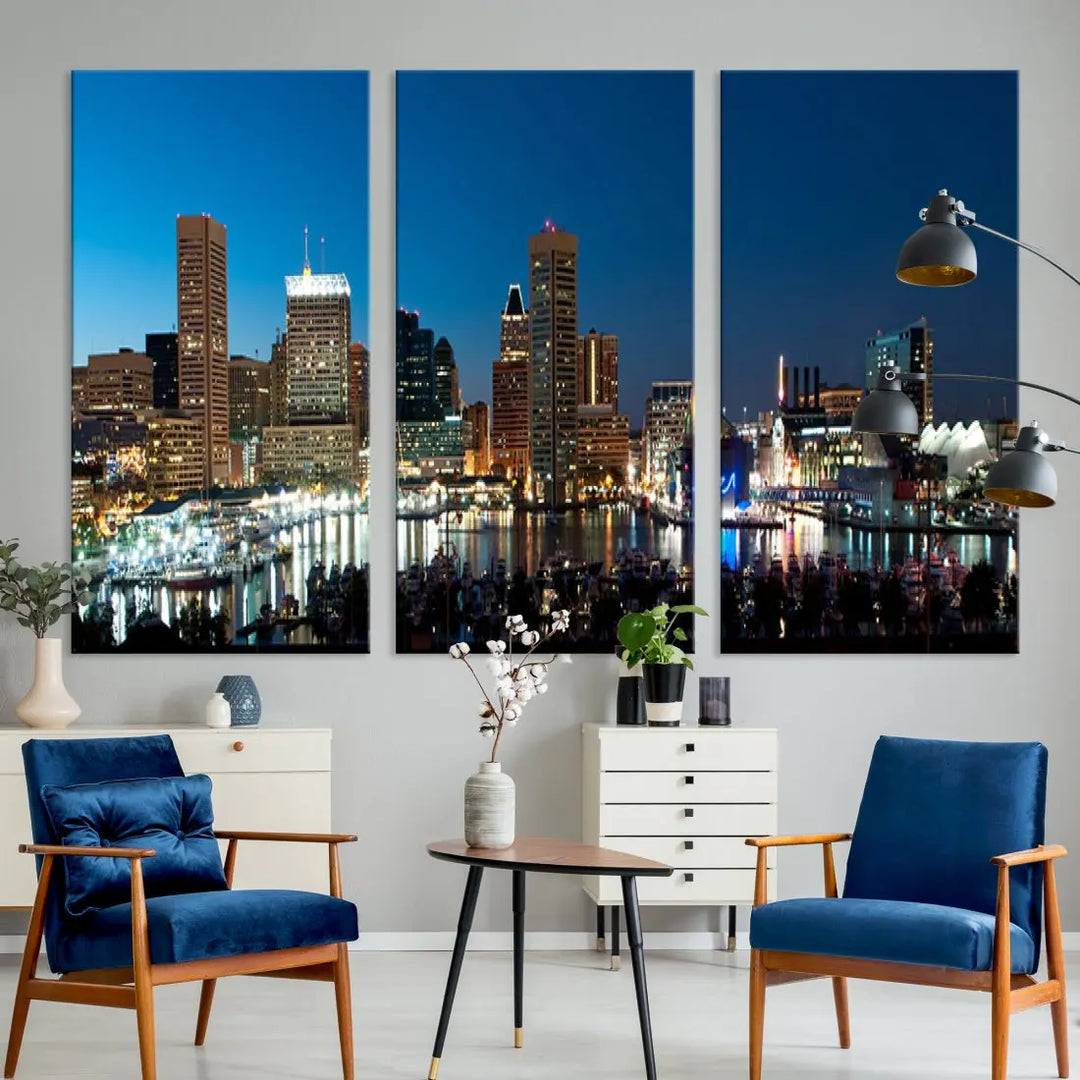 Baltimore Night Blue Downtown Large Wall Art Cityscape Print Canvas Decor