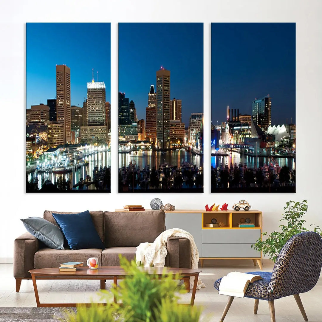 Baltimore Night Blue Downtown Large Wall Art Cityscape Print Canvas Decor