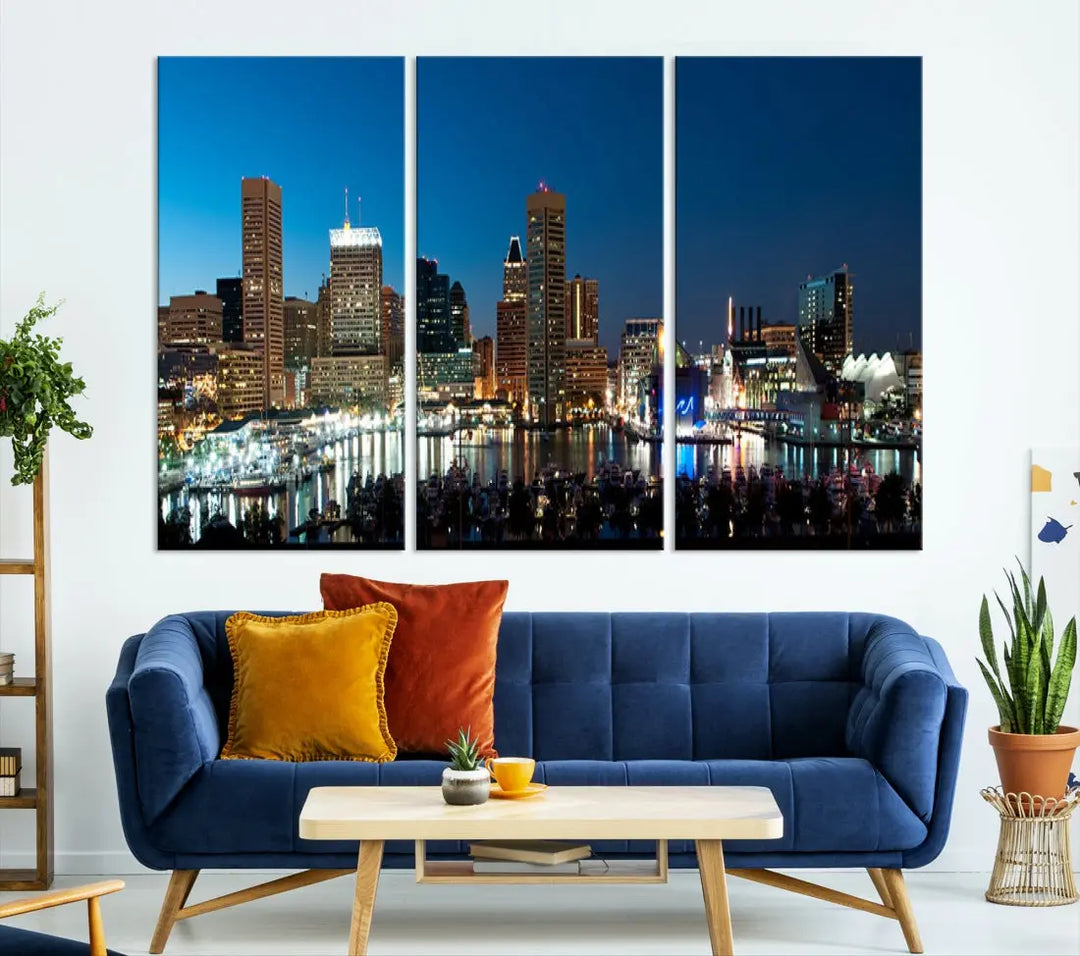 Baltimore Night Blue Downtown Large Wall Art Cityscape Print Canvas Decor