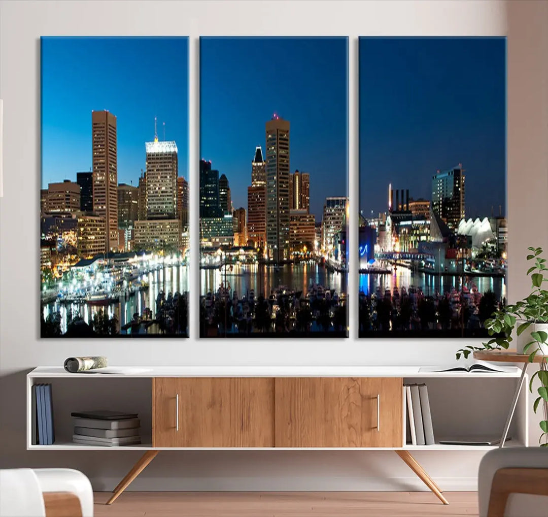 Baltimore Night Blue Downtown Large Wall Art Cityscape Print Canvas Decor