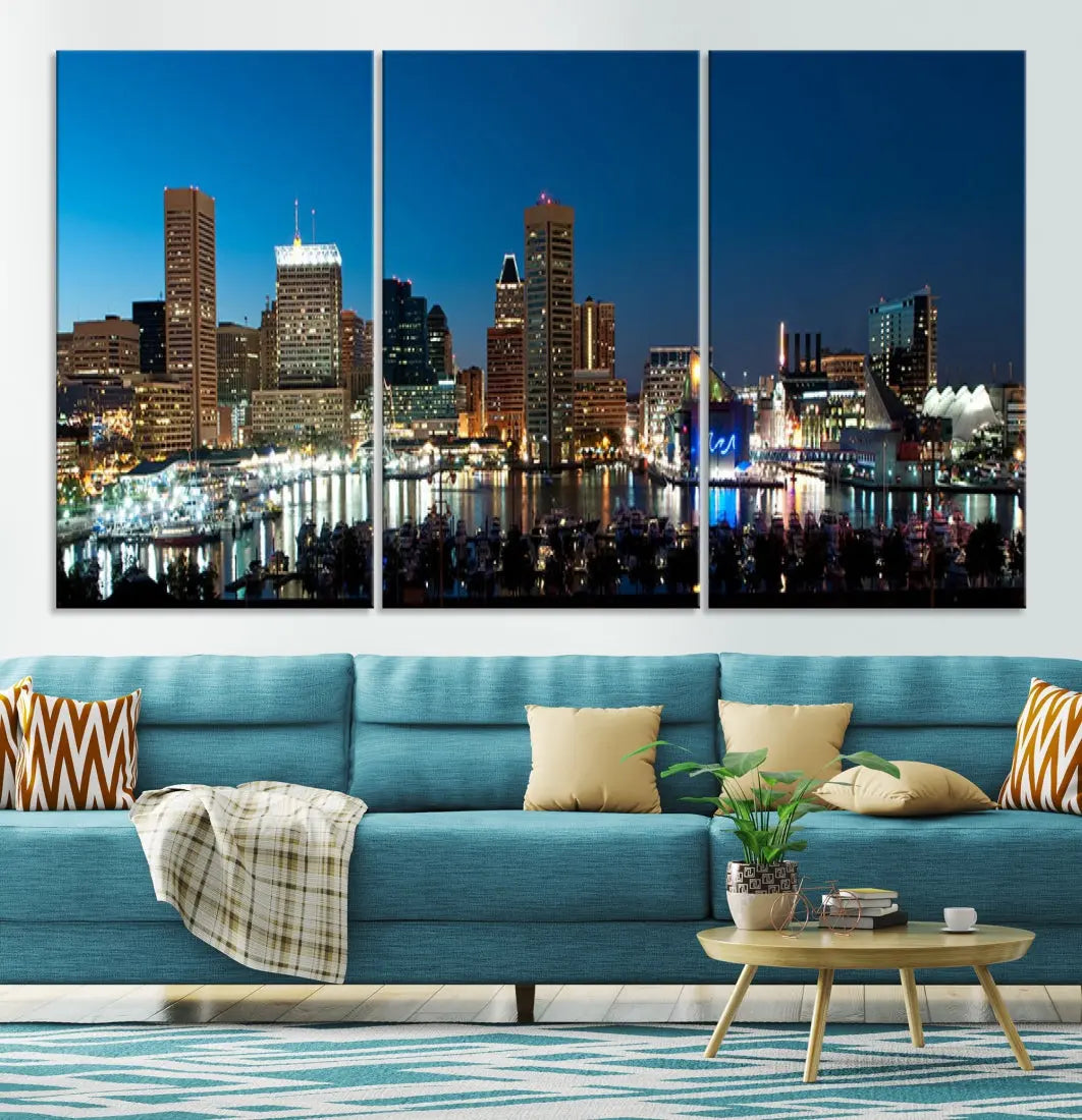 Baltimore Night Blue Downtown Large Wall Art Cityscape Print Canvas Decor