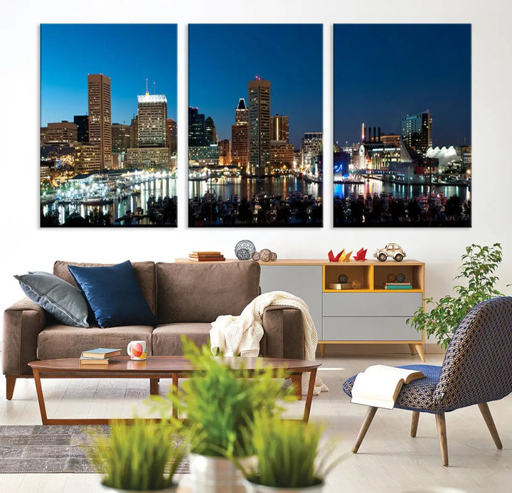 Baltimore Night Blue Downtown Large Wall Art Cityscape Print Canvas Decor