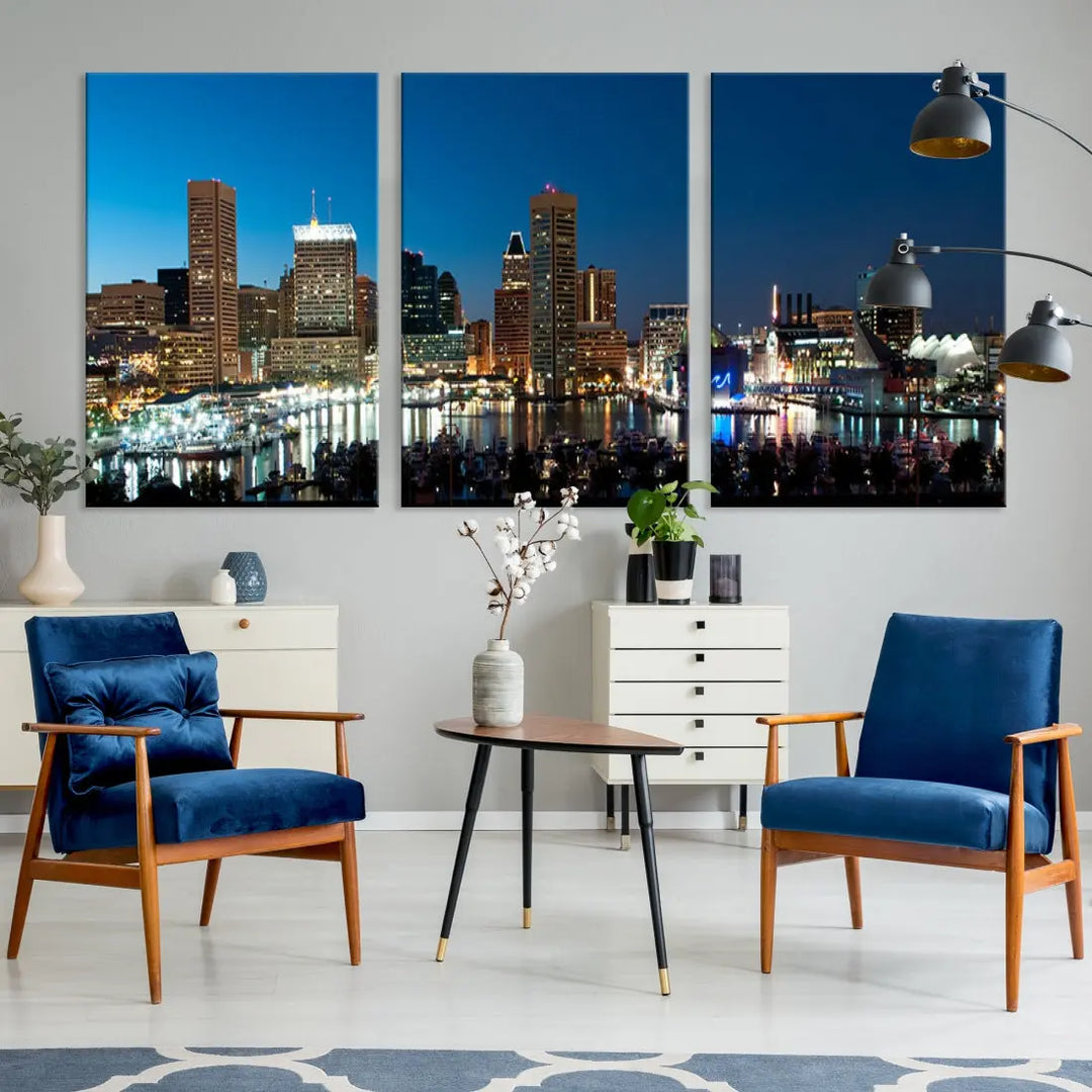 Baltimore Night Blue Downtown Large Wall Art Cityscape Print Canvas Decor