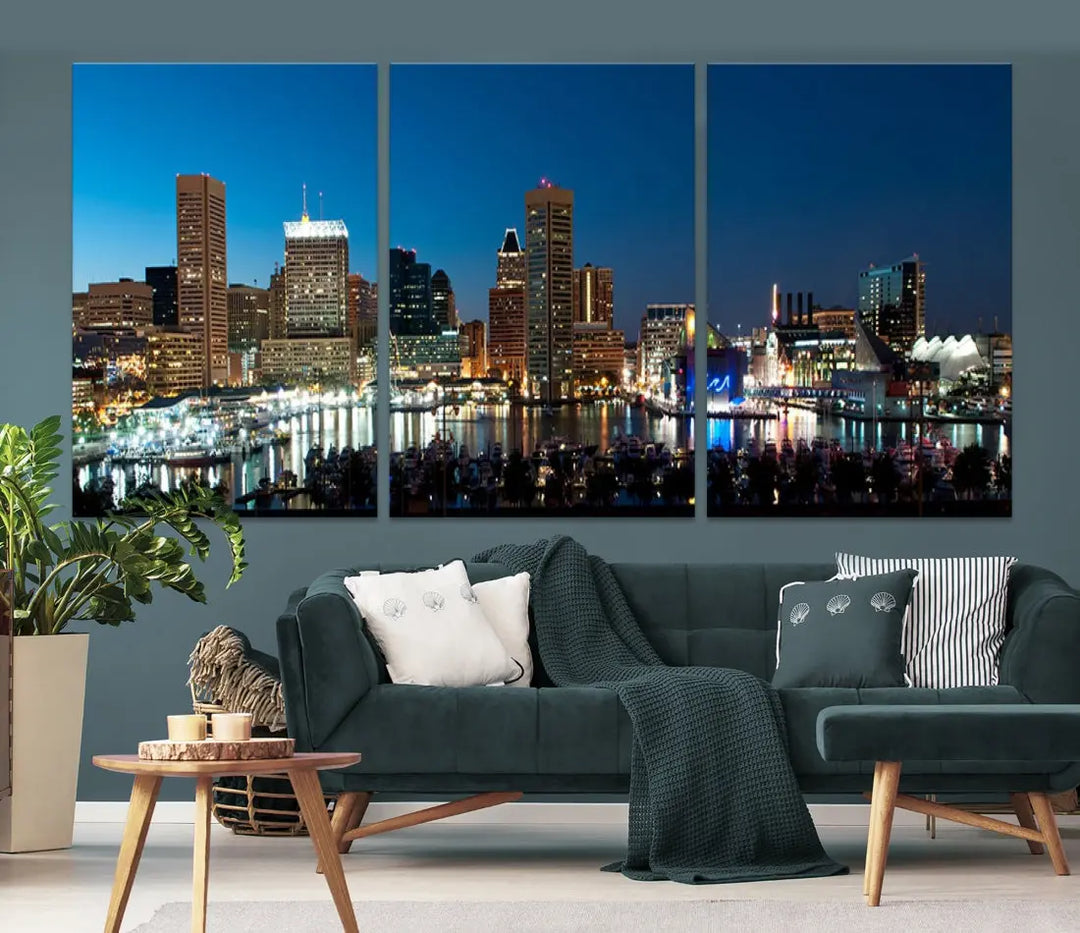 Baltimore Night Blue Downtown Large Wall Art Cityscape Print Canvas Decor