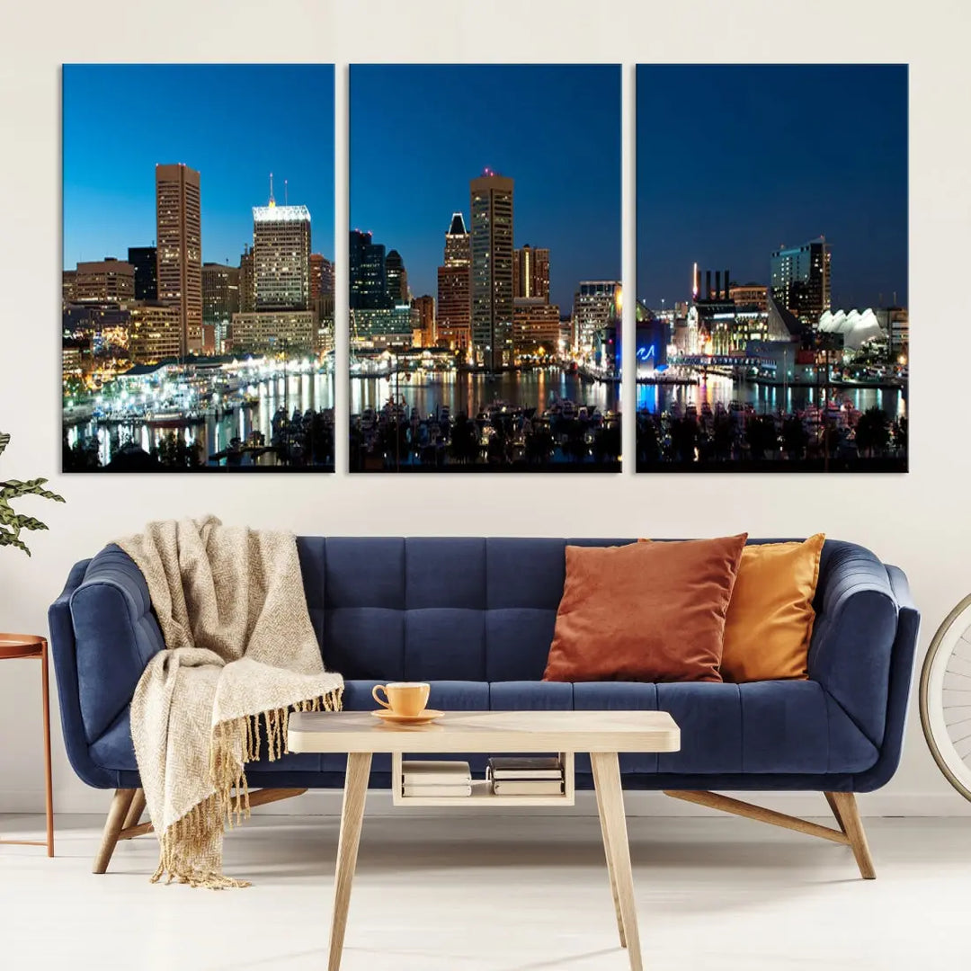 Baltimore Night Blue Downtown Large Wall Art Cityscape Print Canvas Decor