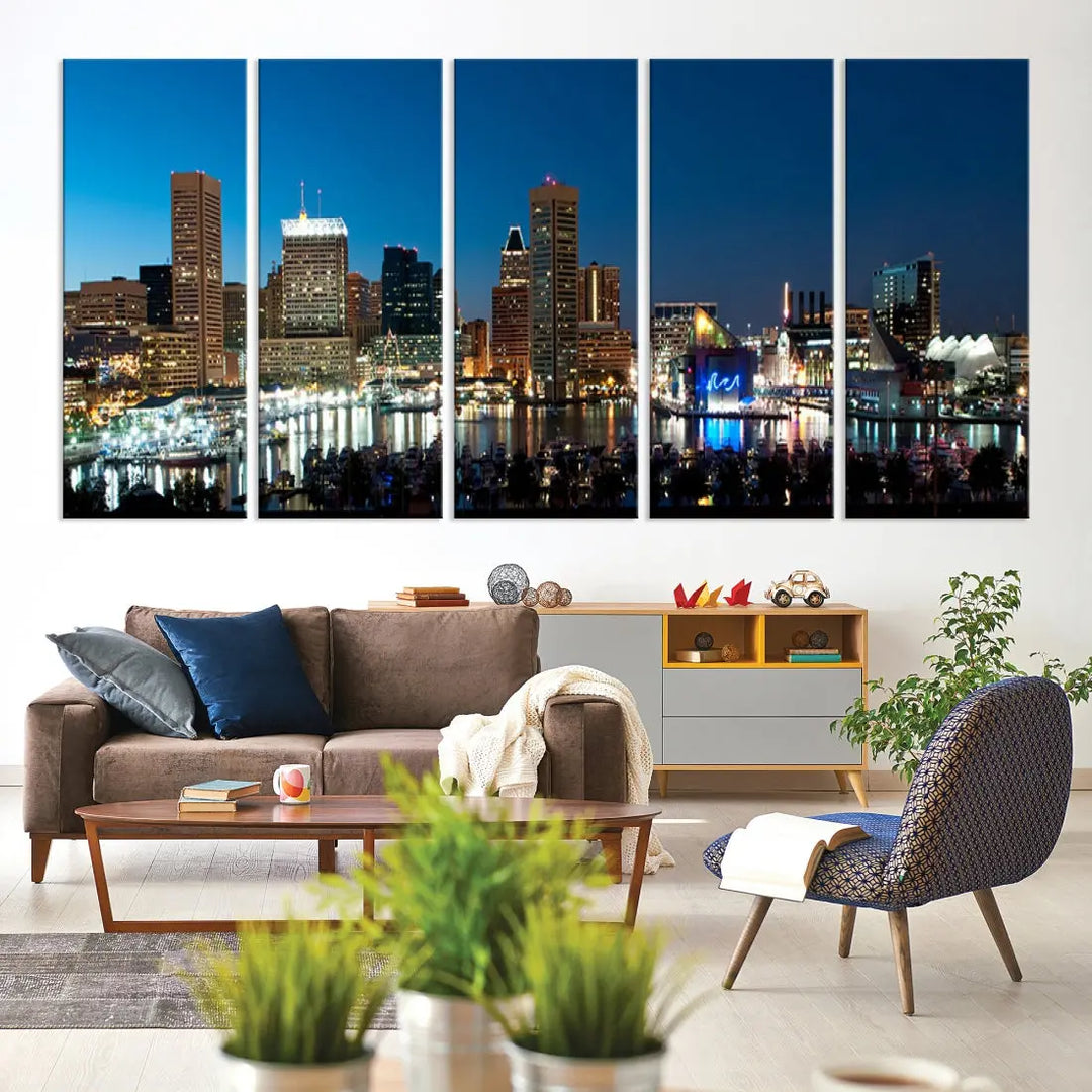 Baltimore Night Blue Downtown Large Wall Art Cityscape Print Canvas Decor