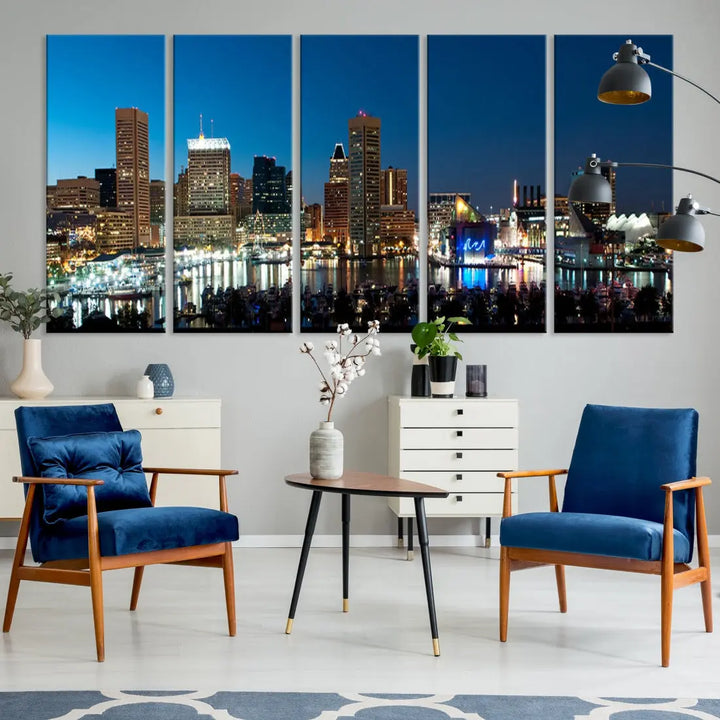 Baltimore Night Blue Downtown Large Wall Art Cityscape Print Canvas Decor