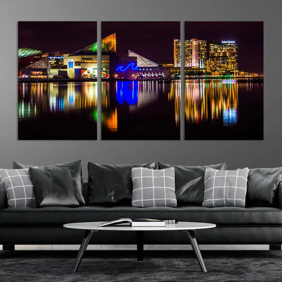 Baltimore Night City Lights Reflection Downtown Skyline Wall Art Canvas Print