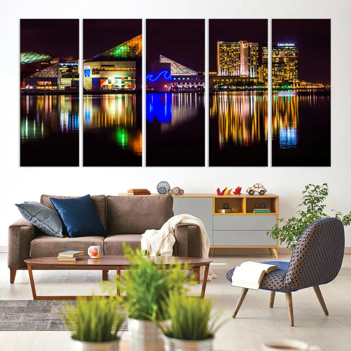 Baltimore Night City Lights Reflection Downtown Skyline Wall Art Canvas Print