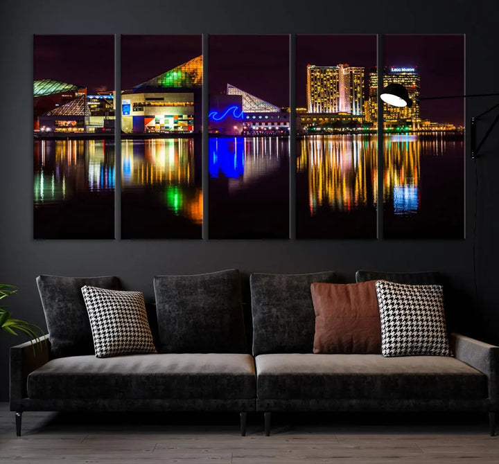 Baltimore Night City Lights Reflection Downtown Skyline Wall Art Canvas Print