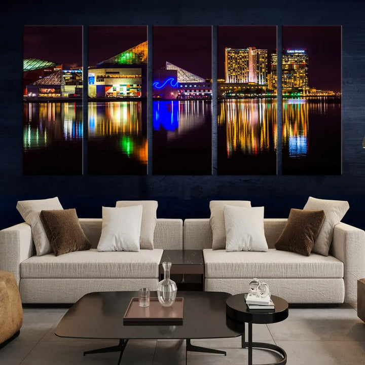 Baltimore Night City Lights Reflection Downtown Skyline Wall Art Canvas Print