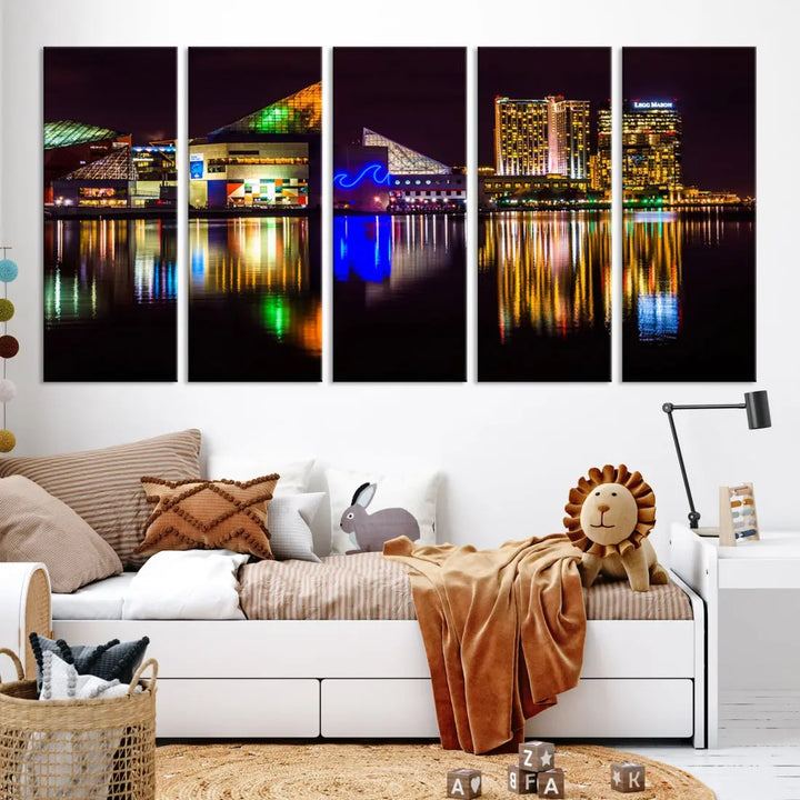 Baltimore Night City Lights Reflection Downtown Skyline Wall Art Canvas Print