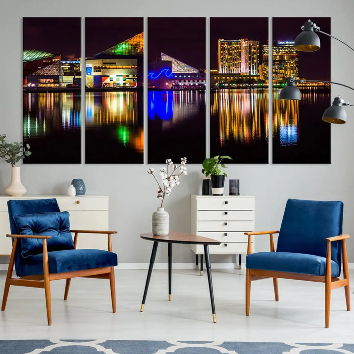 Baltimore Night City Lights Reflection Downtown Skyline Wall Art Canvas Print