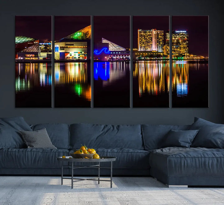 Baltimore Night City Lights Reflection Downtown Skyline Wall Art Canvas Print