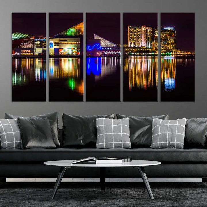 Baltimore Night City Lights Reflection Downtown Skyline Wall Art Canvas Print