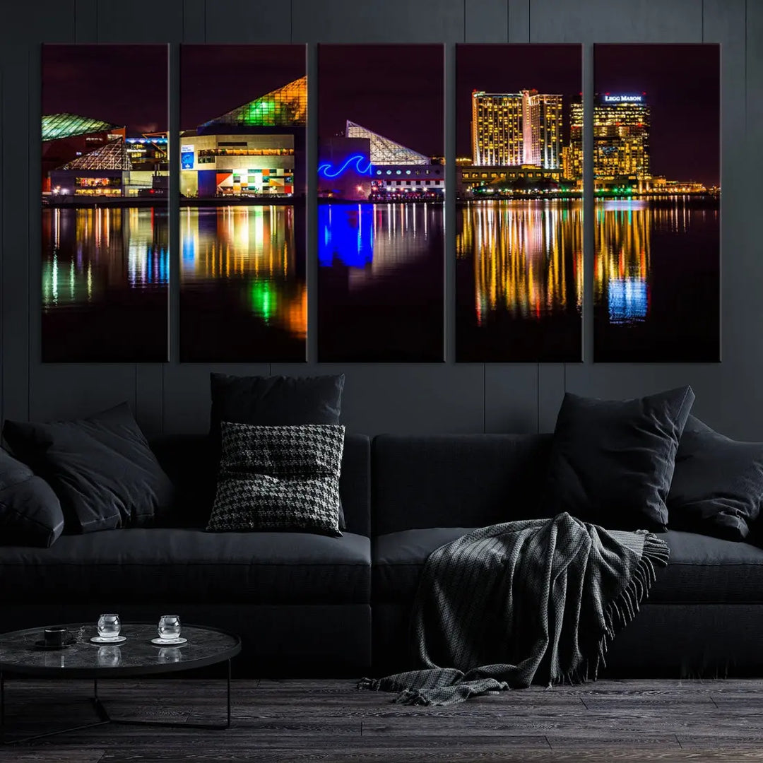 Baltimore Night City Lights Reflection Downtown Skyline Wall Art Canvas Print