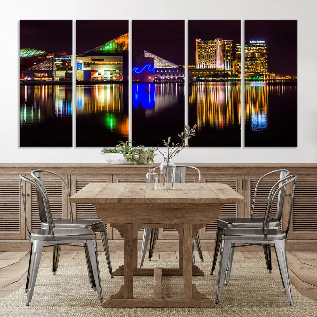 Baltimore Night City Lights Reflection Downtown Skyline Wall Art Canvas Print