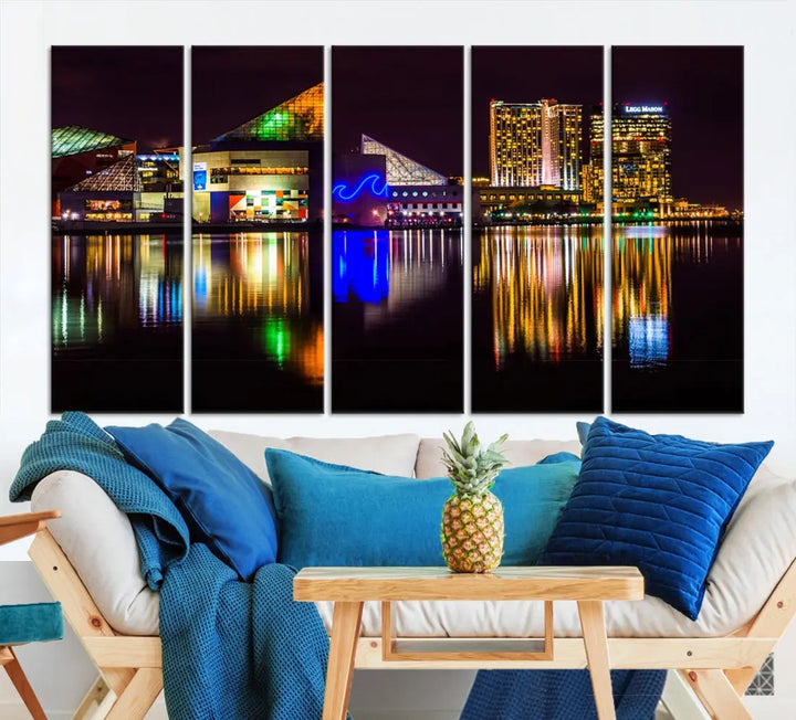 Baltimore Night City Lights Reflection Downtown Skyline Wall Art Canvas Print