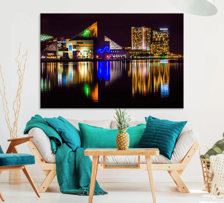 Baltimore Night City Lights Reflection Downtown Skyline Wall Art Canvas Print