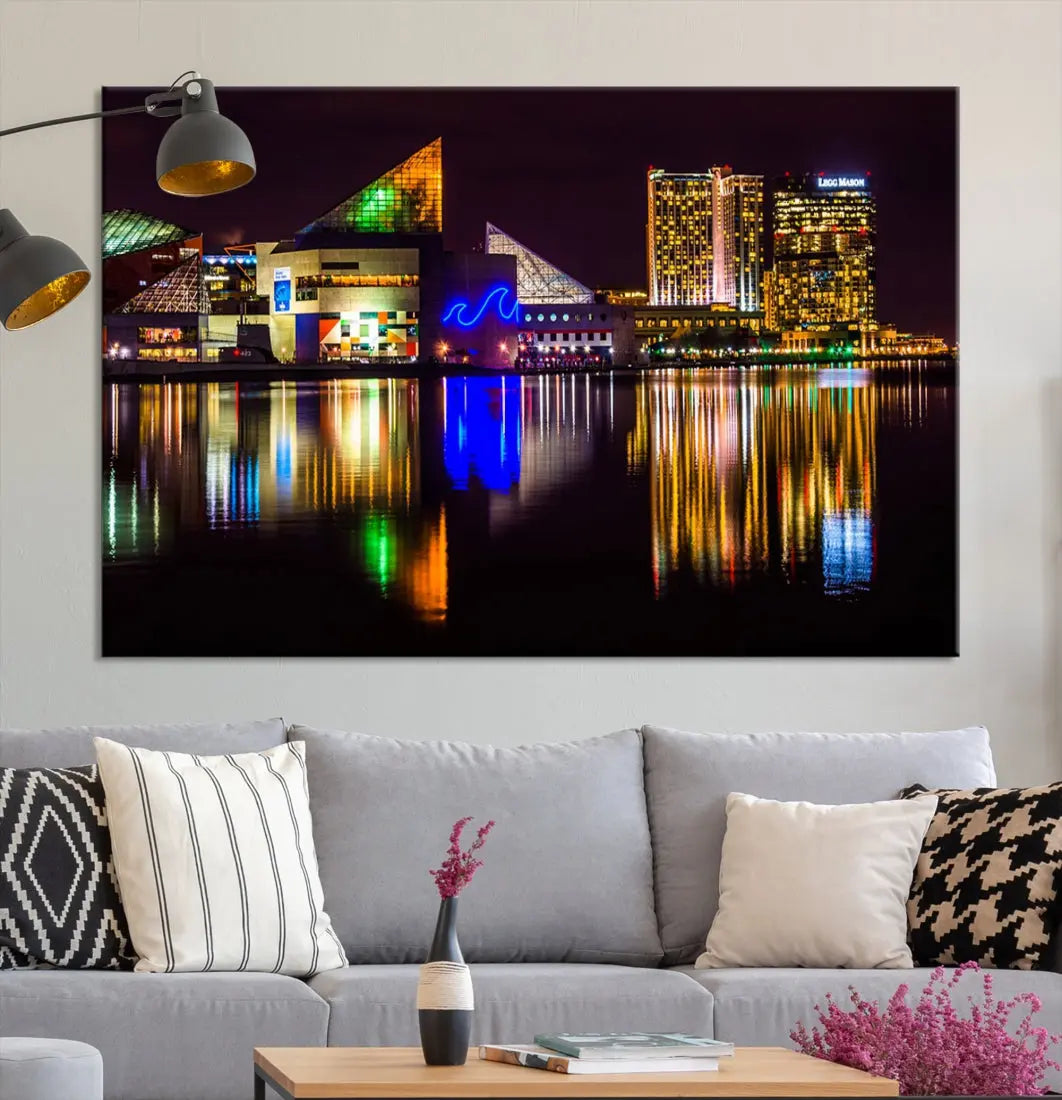 Baltimore Night City Lights Reflection Downtown Skyline Wall Art Canvas Print