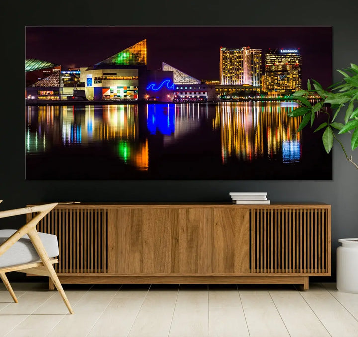 Baltimore Night City Lights Reflection Downtown Skyline Wall Art Canvas Print