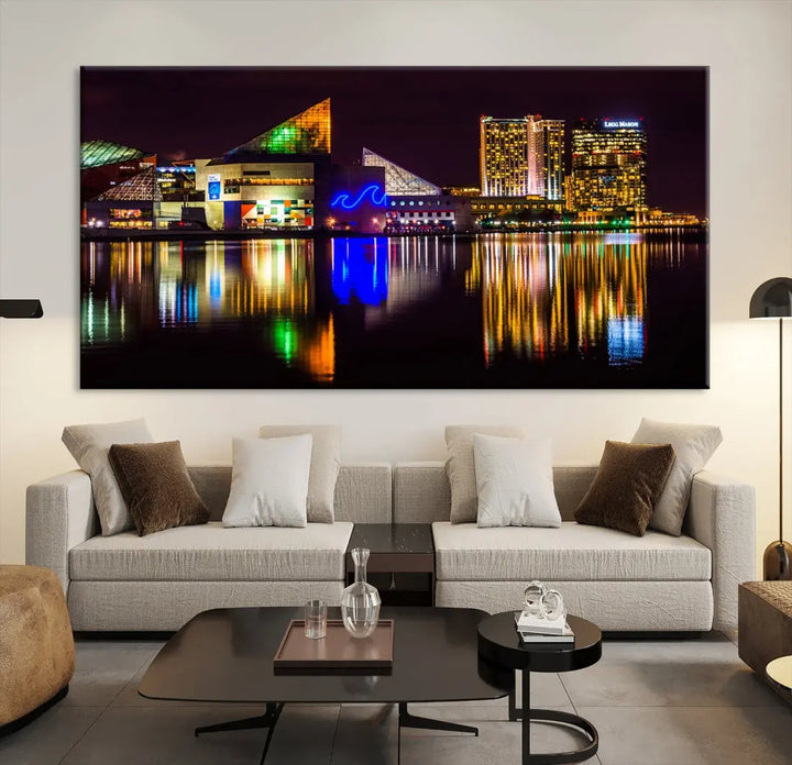 Baltimore Night City Lights Reflection Downtown Skyline Wall Art Canvas Print