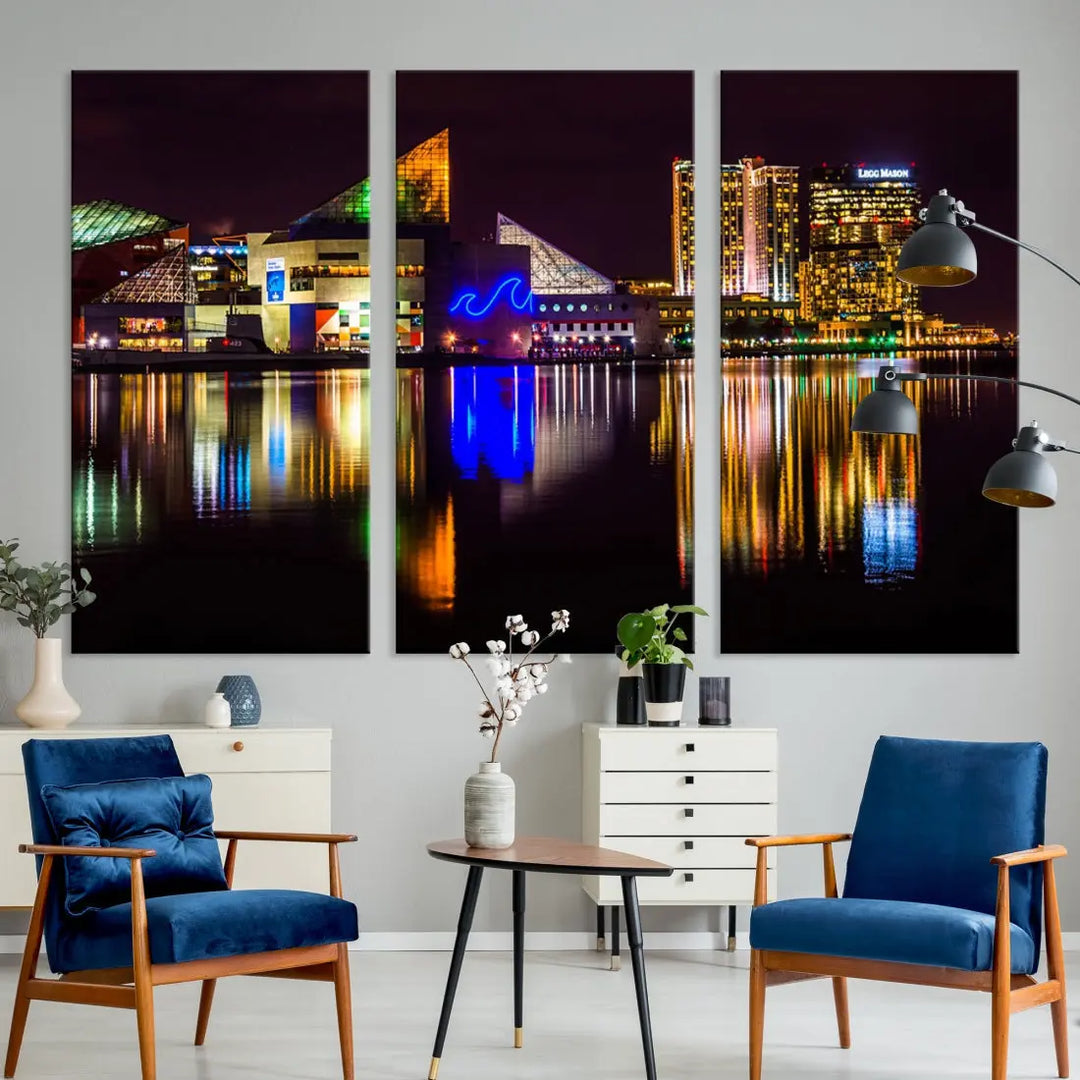 Baltimore Night City Lights Reflection Downtown Skyline Wall Art Canvas Print